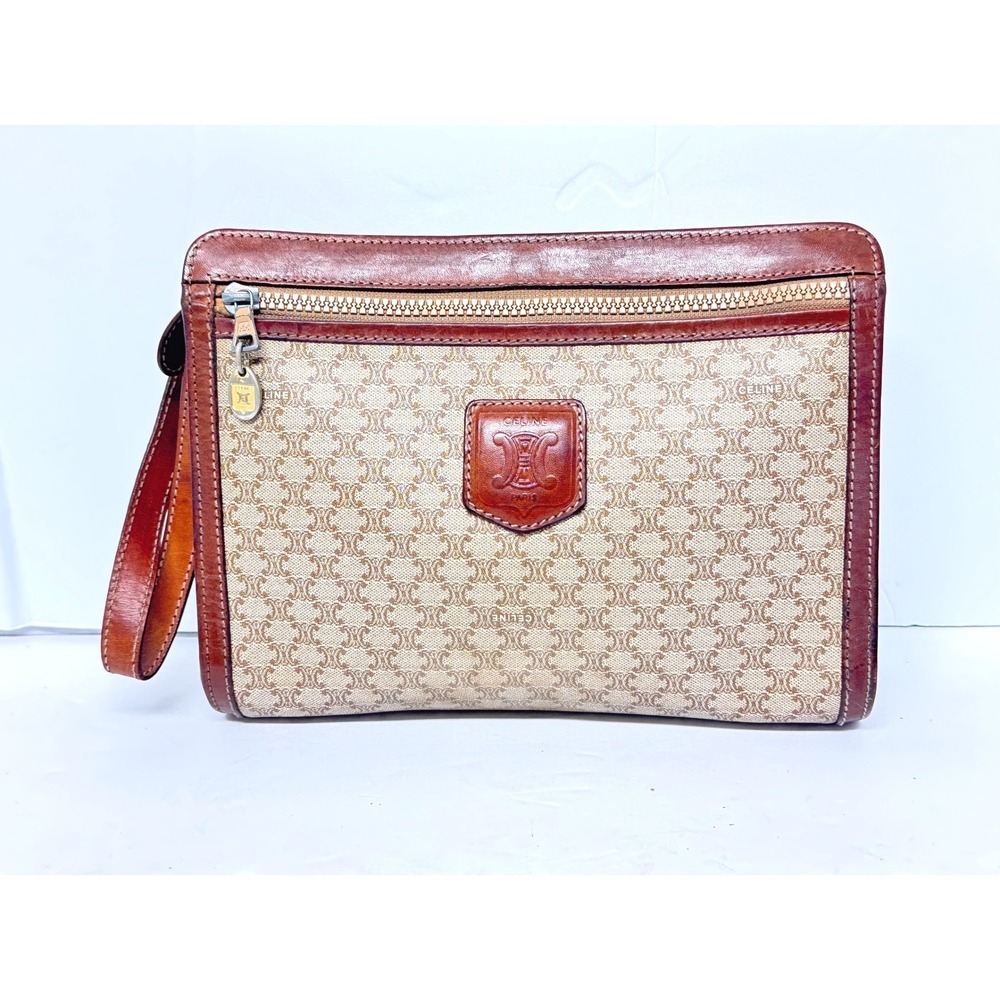 Celine Macadam Triomphe Canvas Leather Trim Clutch Brown Beige EUC vintage